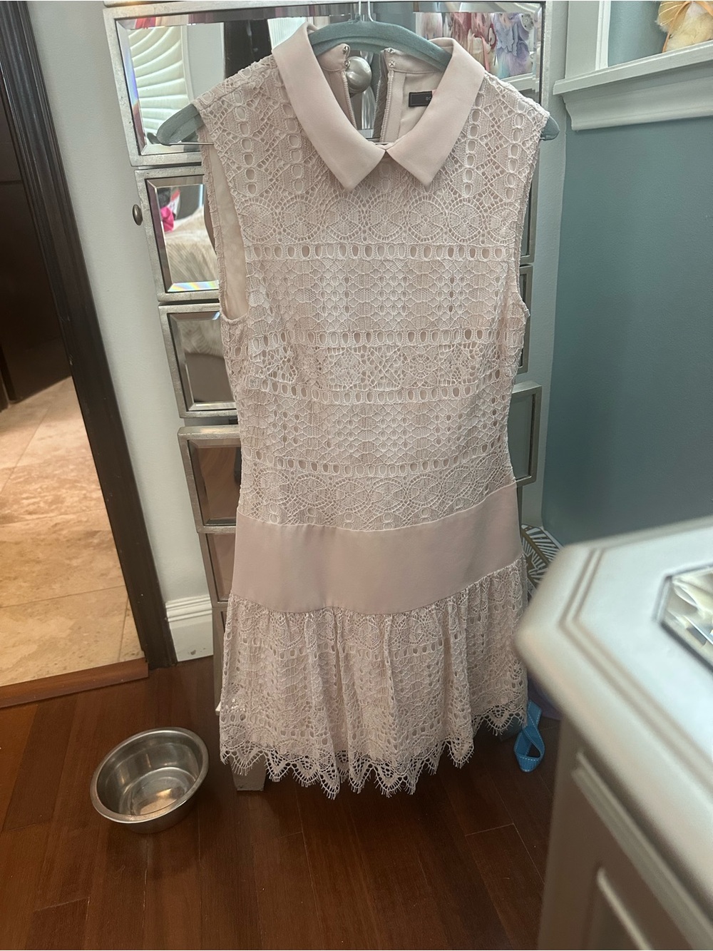 BCBGMaxAzria Sleeveless Lace Peter Collar Dress in Pale Pink